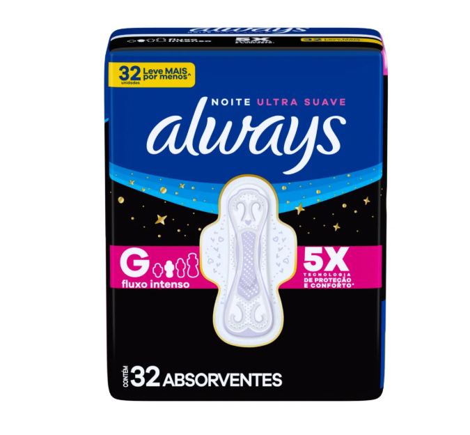Absorvente Always Noturno Cobertura Suave com Abas Fluxo Intenso G 32 Unidades
